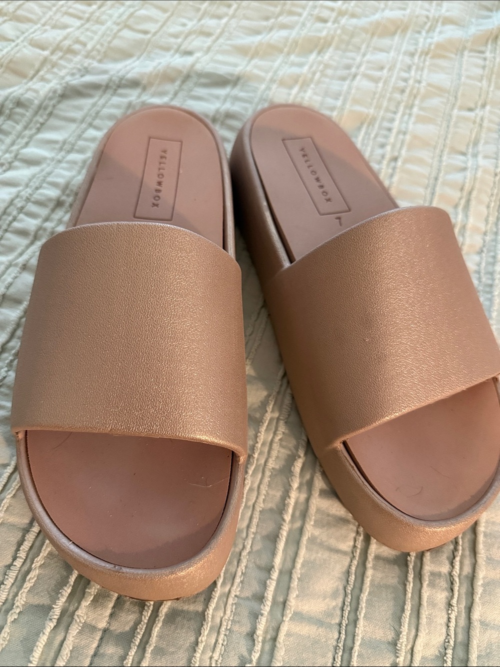 Yellow Box Metallic Rose Slide Mules